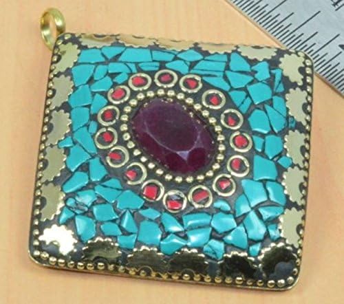 Antique Brass Mosaic Turquoise &amp; Coral Faceted Ruby Inlay Folk Artisan Pendant Ethic Boho