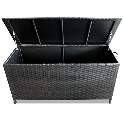 Gartenbox Aufbewahrungsbox Gartentruhe Auflagenbox Kissenbox Aufbewahrungskiste Kissentruhe - mit Hubautomatik, 134x56x65cm, Poly Rattan, Rollbar, Schwarz – Bild 3