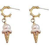 Ice Cream Pearl Small Earrings Gold Silver Plated Funny Delicate 3D Icecream Cone Desset Food Dangle Drop Earrings for Women Food Lover Birthday Christmas Party Fashion Jewelry Gifts