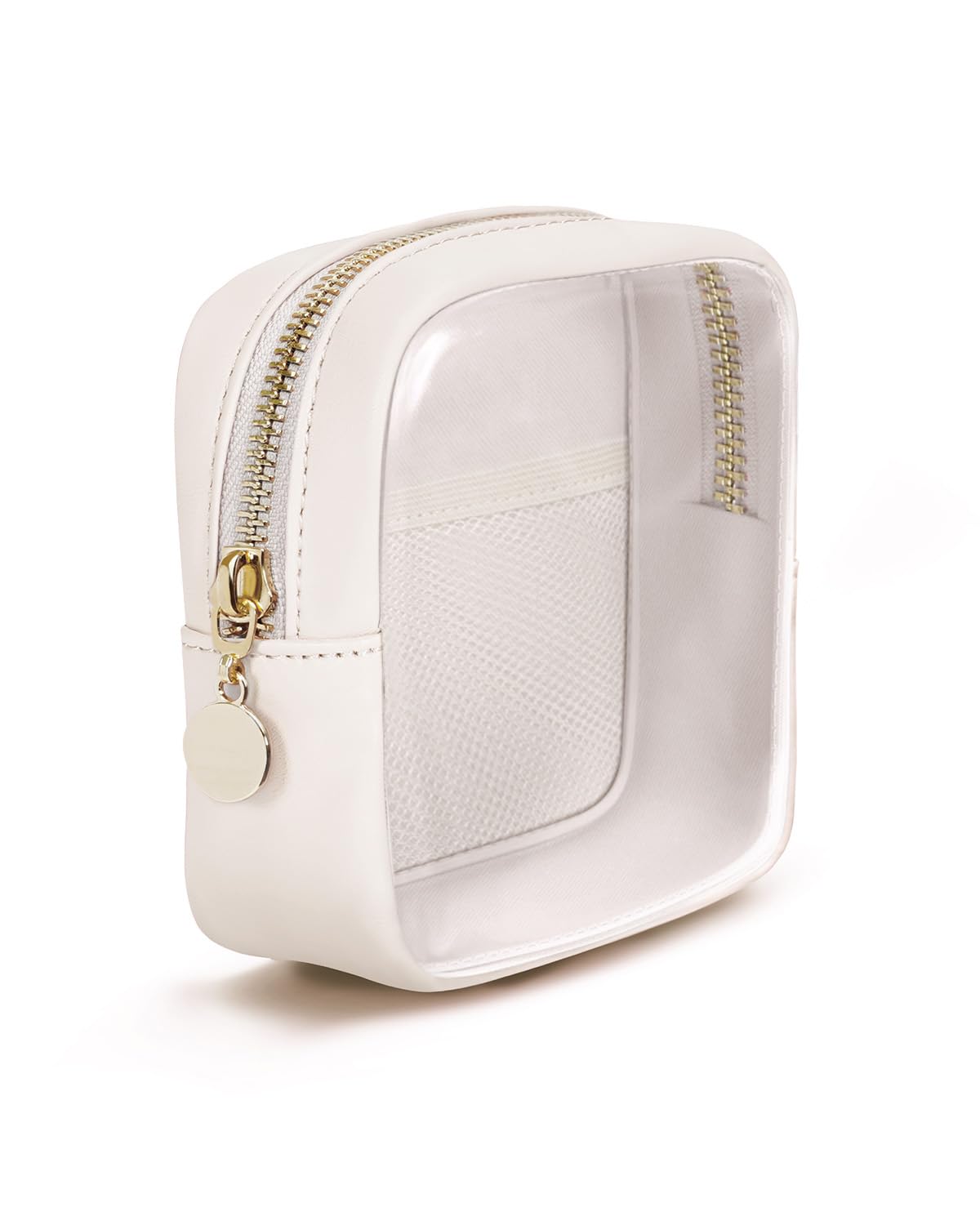 Clear Makeup Bag for Handbag, Mini Make Up Bag for Purse, Small Makeup Pouch for Women, Small Cosmetic Bag with Slip-in Pockets Vegan Leather, Beige (Patent Pending)