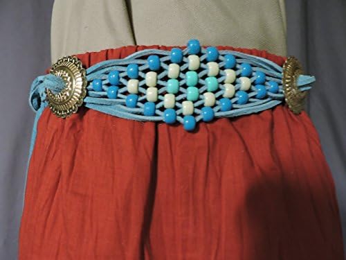 Western Belt - Turquoise and White Beads on Turquoise Suede Lacing with Conchos (WB1): For waist 25-38 inches