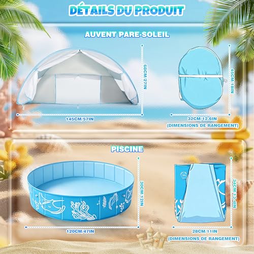 colmanda Baby Swimming Pool with Sun Shade 4 in 1 Large, 120 x 30 cm Baby Beach Tent Anti UV SPF50+ with Awning, Beach Pool, Foldable Ball Pool, Portable Beach Tent for Garden Beach