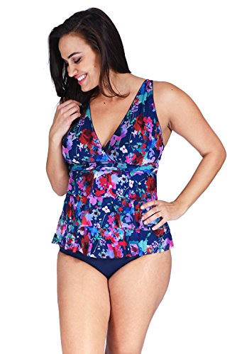 (1MZ7200) Mazu Swim Women's Ruffle Mesh Swimwear Triple Tier Plus Size Tankini Top (18W-24W) in Le Jardin Size: 18W