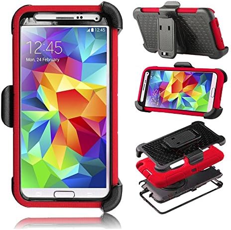 Yyue Ultra Shock&amp;drop-proof Amy-grade Protective Hard Defender Case and Three Layer Hard Shell Cover Holster with 360 Degree Rotating Ring Bracket Protective Case for Samsung Galaxy S5 I9600 -- TPU Rubber &amp; Silicone Case with Stand &amp; Clip for Samsung Galaxy S5 I9600--Red
