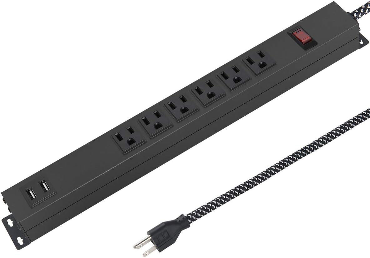 Rack Mount Power Outlet,Wall Mountable Outlet Extender 6 Ft Heavy Duty Extension Cord,Metal Power Strip 2 USB for Commercial, Industrial, School and Home