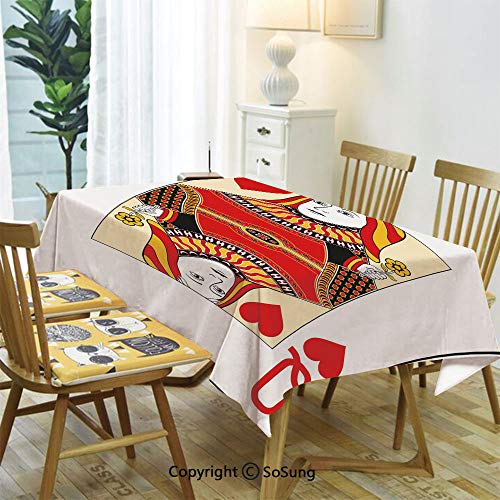 SoSung Queen Rectangle Polyester Tablecloth,Queen of Hearts Playing Card Casino Decor Gambling Game Poker Blackjack Deck,Dining Room Kitchen Rectangle Table Cover,60W X 84L inches,Red Yellow White