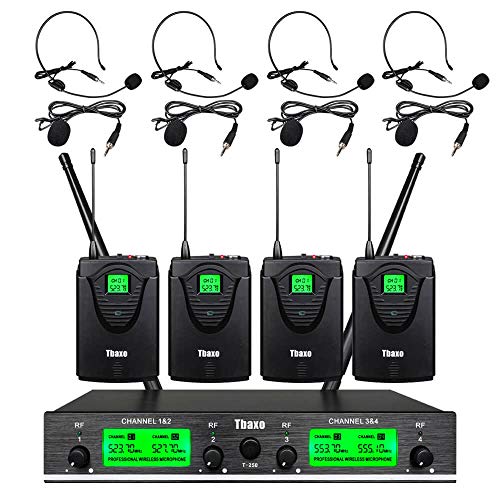 Tbaxo Wireless Microphone System Pro UHF 4 Channel 4 Headset & Lavalier