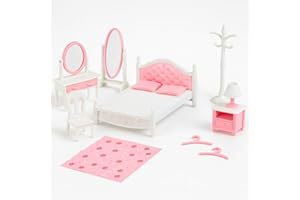 OLEOCA Family Dollhouse Bedroom Set — Bed, Pillows & Bedspread, Vanity with Mirror, Nightstand, Floor Mirror, Chair, Lamp, Coat Rack & Hangers — Dollhouse Furniture & Accessories for Ages 3+