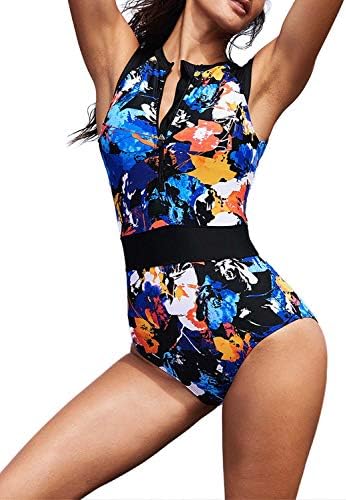 Azokoe Womens Summer Beach Printed Zip Front Maillot One Piece Swimsuit Swimwear