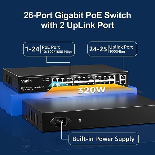 VIMIN 24 Port Gigabit PoE Switch with 2 Gigabit Uplink Port, 26 Port Unmanaged PoE Ethernet Switch with 320W Power, IEEE802.3af/at Compatible, VLAN, Metal Housing