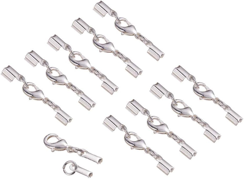 PandaHall Elite 20 Sets Silver Color Brass Lobster Claw Clasps Fold Over Cord End Caps Terminators Crimp End Tips for Jewellery Making