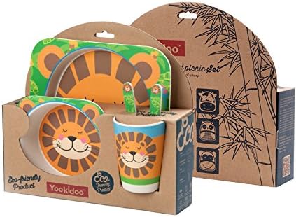 5 PC SET - Super Cute Animal Theme Kids Dinnerware Set - Eco-Friendly Bamboo - BPA Free (Multiple Designs) (Lion)
