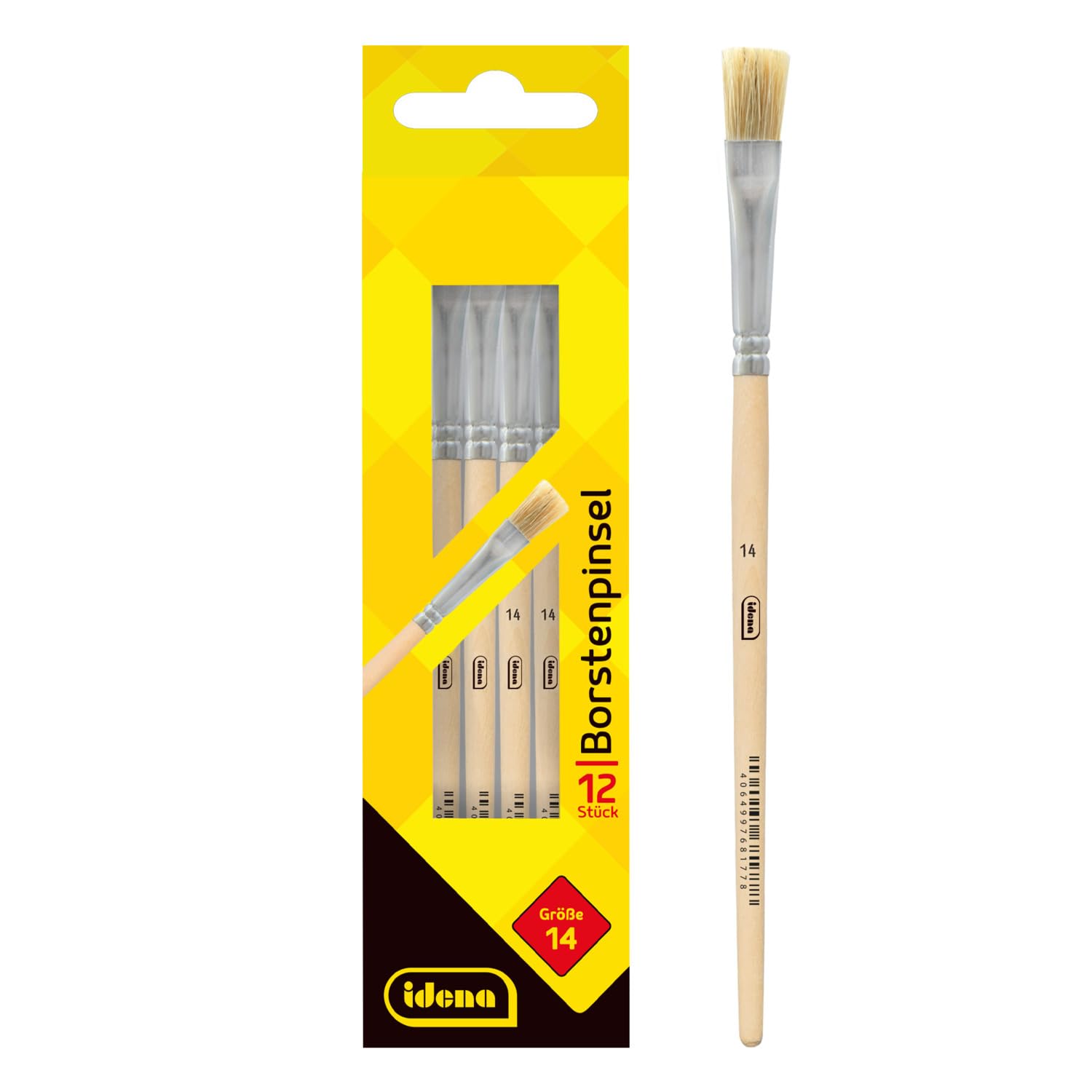 Idena 90099 Bristle Brush, Size 14, with Unpainted Wooden Handle, Set of 12, Painting Brushes for School Children Hobby Artists