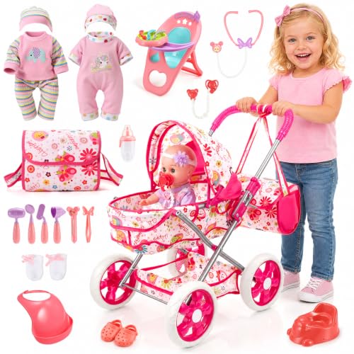HappyGoLucky Baby Stroller with 28 cm Doll, Clothes and Accessories Dolls Roleplay Girl 3-7 Years Dolls Pram Gift Girl 2-8 Years Toys Child