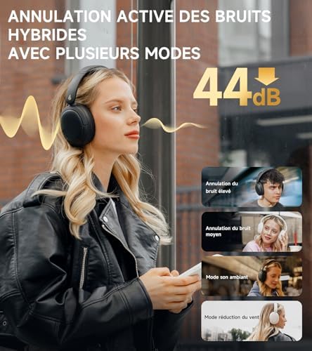 W800BT Pro Casque sans Fil Hybride de Réduction de Bruit Actif - Son Haute Résolution - IA Annule Bruit Appels - 45 Heures de Lecture - Charge Rapide - Pliable - Bluetooth 5.4 - Noir