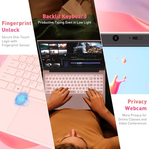 Auusda 16GB RAM 512GB SSD Laptop, Compatible with Win11, 15.6" Full HD IPS, Backlit Keyboard & Fingerprint Login, Full-Function USB C, 6000mAh, Lightweight Design for School & Work (Pink)