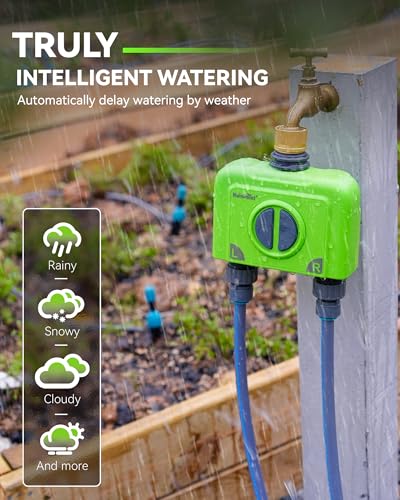 RAINPOINT WiFi Garden Hose Timer 2 Zone, Smart Water Timers for Irrigation, Sprinkler Timer via APP/Voice Control, Built-in Flow Meter, Based on Weather/Soil, Automatic Watering System (Brass Inlet)