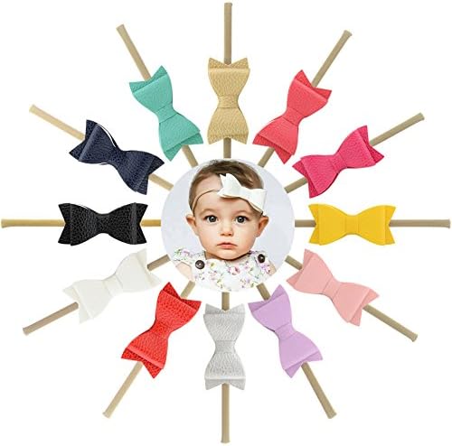 Qandsweet Baby Girl's Beautiful Headbands Elastic Hairband for Photograph (12 Pack Leather Bow)