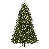 Goplus 7FT Pre-Lit PVC Artificial Christmas Tree Auto-Spread/Close up Premium Spruce Hinged w/ 300 LED Lights & Metal Stand, Green (7 FT)