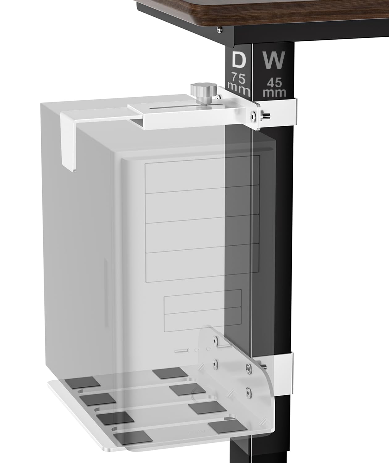 Photo 1 of Under Desk PC Mount - No Drilling Heavy Duty 50 lbs Capacity, Adjustable Height and Width Clamp-on Desk Leg PC Mount for Standing Desks (Fits 75mm×45mm Legs only), with Non-Slip Pads, White