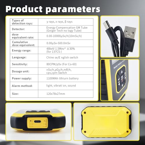 Geiger Counter Nuclear Radiation Detector, Portable Rechargeable Nuclear Radiation Dosimeter with LCD Display, Handheld Beta Gamma X-ray Monitor 5 Dosage Units Switched for Marble Food Metal Detector
