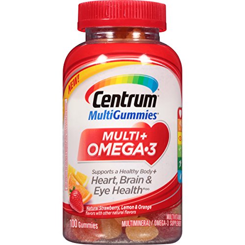 Centrum MultiGummies Multi + Omega-3 Natural Strawberry, Lemon, Orange Flavors Multivitamin/Multimineral Supplement Gummy, 100 Count