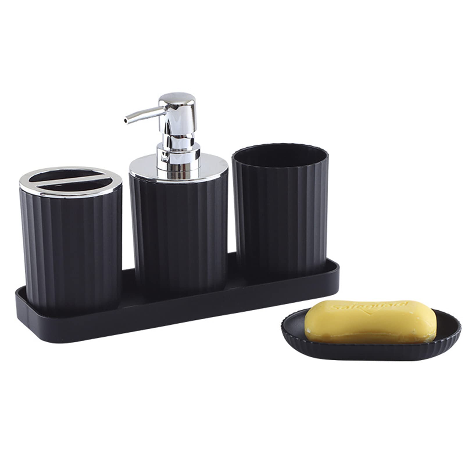 Hosoncovy 5 Pieces Bathroom Accessory Set with Soap Dispenser, Bathroom Cup, Soap Dish ，Toothbrush and Toothpaste Holder,Storage Tray (Black)