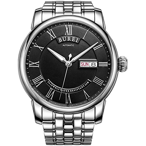 BUREI Men's Automatic Watch with Day and Date Black Dial Metal Band