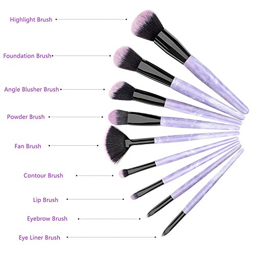 Ammiy Makeup Brushes Marble Texture Professional Makeup Brush Set Synthetic Foundation Kabuki Brushes for Blending Blush Eyeliner Face Powder Beauty Tool (9pcs, Purple, Resin Type Material Handle)