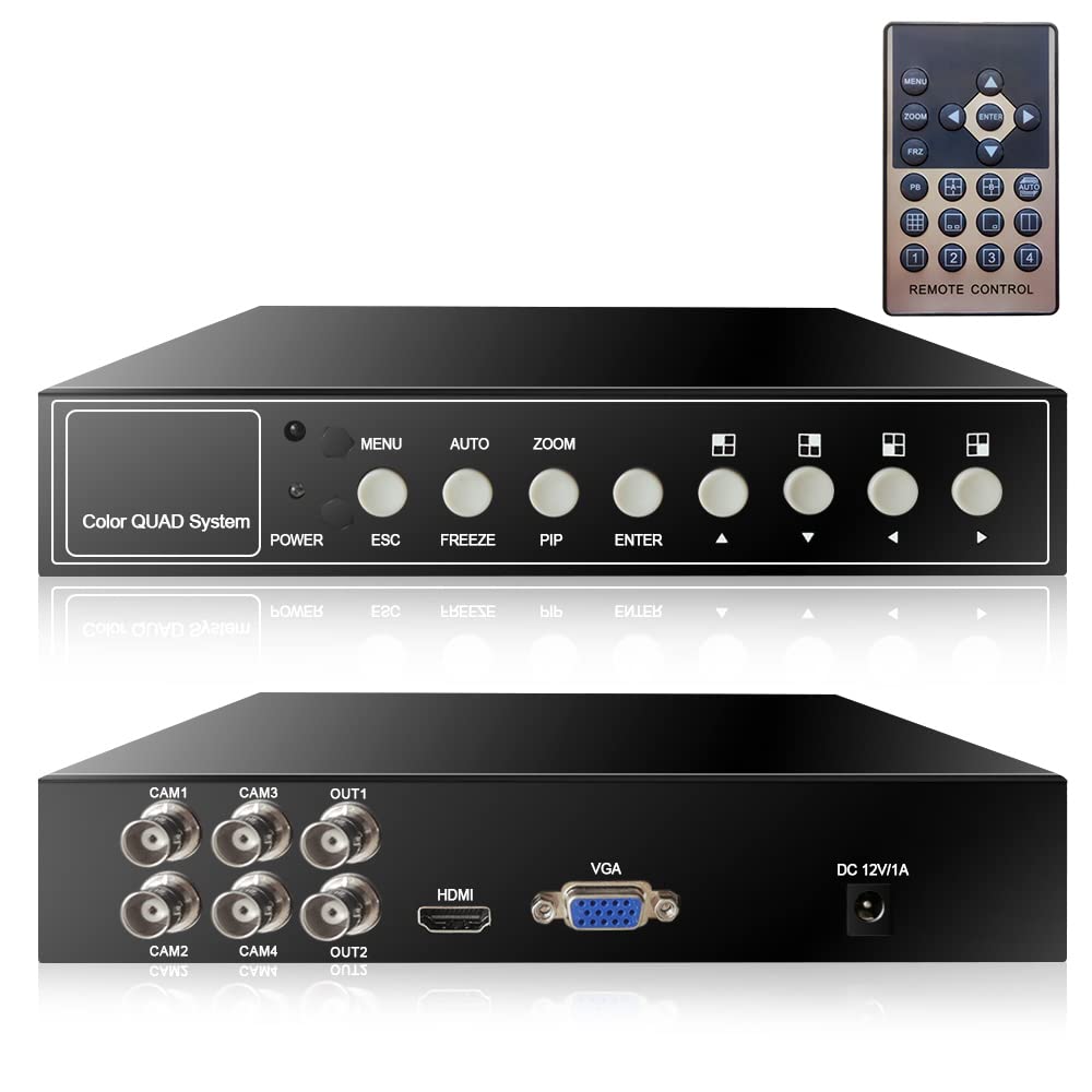 4-Channel 1080P HD Quad Video Processor - Image Switcher & Multiplexer for AHD, CVI, TVI CCTV Security Cameras - Digital Zoom, Video Freezing, Loss Alarm