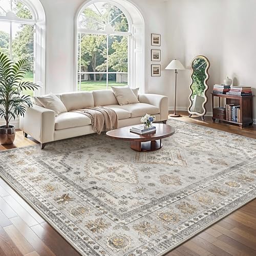 GENIMO Teppich Wohnzimmer 200x290 cm Großer Vintage Waschbar Elfenbein Grau