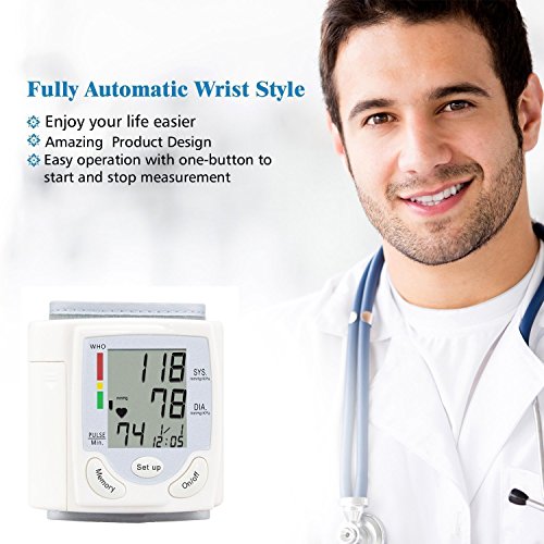 Wrist Blood Pressure Monitor, Digital BP Monitor with Memory Storage, Intelligent LCD Display Automatically Measure Pulse Diastolic Systolic and Shows Hypertension level (White)