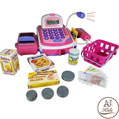 ANJ Kids Toys - Durable Pretend Play Cash Register Toy for Kids | POS Scanner, Microphone, Calculator, Card Terminal and Conveyor Belt | Supermarket Cashier Toy with Play Money and Groceries!