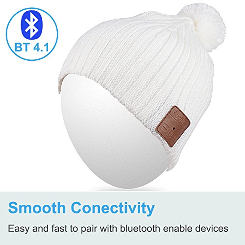Qshell Unisex Adult Bluetooth Beanie Hat Trendy Soft Warm Short Audio Music Cap with Wireless Headphone Headset Speaker Mic Hands-free,Christmas Gift for Winter Outdoor Sport Skiing Snowboard - White