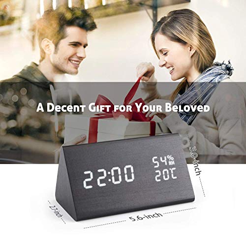 GEEKERS Wooden LED Clock with Triple Alarms, 3 Levels Brightness Dimmer, Big Digit Display Date, Temperature and Humidity for Home Bedrooms, Black - Thumbnail 6