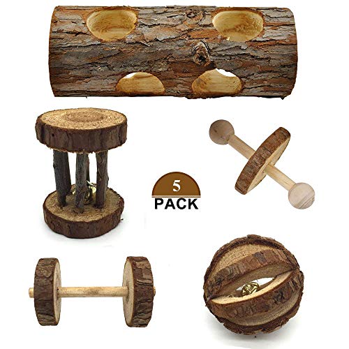 Bojafa 5 Pcs Natural Wooden Playing Chewing Toys for Small Animal Hamster Gerbil Mouse - Tunnel, Ball, Bell Roller, Dumbbell, Unicycle for Small Animals Molar Teeth Clean Toys - Thumbnail 7