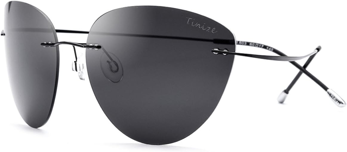 TINIZE Female Cat Eye Rimless Polarized Sunglasses Titanium Alloy Sun Glasses for Women 603 (black/gray, 61)