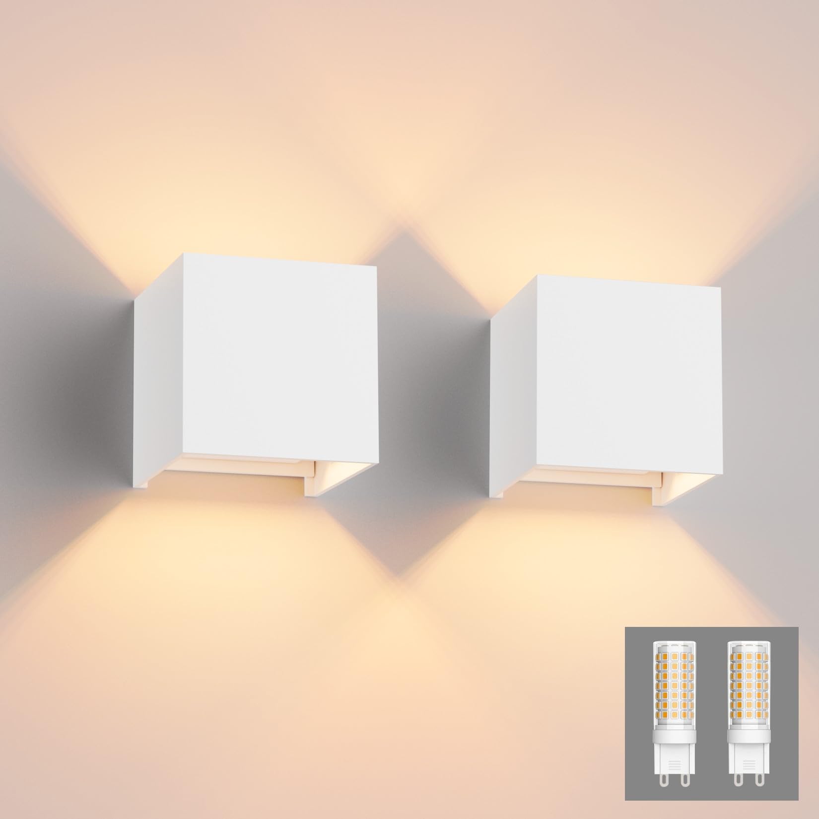 Klighten 2PCS Modern LED Wall Lights Up and Down Wall Lamp Indoor/Outdoor Wall Sconce Lights for Living Room, Bedroom, Hallway, Warm White 3000K,White (G9 LED Bulb Include)
