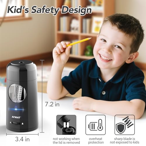AFMAT Electric Pencil Sharpener, Rechargeable Fully Automatic Pencil Sharpener for Jumbo & Colored Pencils (7-11.5mm), Auto in/Out, Hands-Free, Portable for Home/Classroom/Office PSX6 (Black)