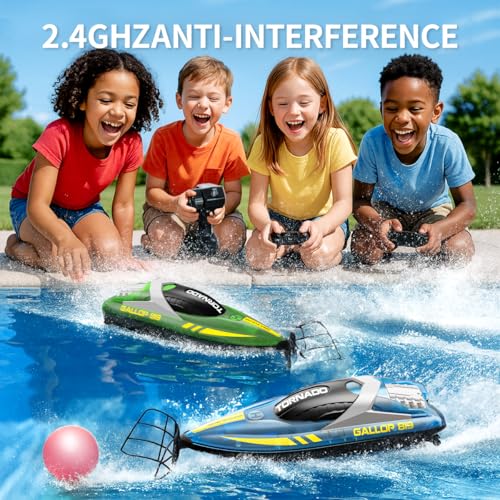 RC Fast RC Boat - 2.4GHz Waterproof Dual RC Boat Set with LED Double Propeller, Automatic Flip 2 Speed, 4 Batteries, for Kids Adults, Swimming Pool and Lake