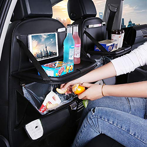 Ideashop Car Back Seat Organizer with Foldable Table Tray & Trash Can PU Leather Auto Backseat Car Organizer for Kids Toy Bottles Storage Adjustable Straps Tissue Box Ipad Tablet Holder Kick Mat
