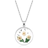 KBFORU Birth Flower Necklace Silver For Women - 1-12 Month Necklace - Handmade Pressed Flower - Unique Holiday Gift - 18"