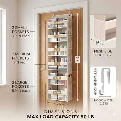 HOMELUX THEORY UPGRADED 6 Tiers Over The Door Organizer Hanging - 100D EXTRA THICK & 50lbs HUGE CAPACITY, 12 Side Mesh Pockets Over The Door Shoe Organizer, Hanging Closet Organizer (Ivory, 1pc)