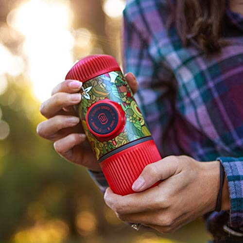Wacaco Nanopresso Portable Espresso Maker bundled with Protective Case, Tattoo Jungle Patrol Edition, Extra Small Travel Coffee Maker, Manually Operated Perfect for Travel, Camping, Office(Red)
