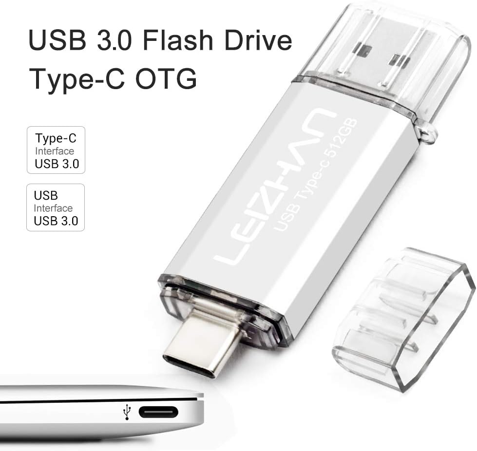 leizhan 512GB USB 3.0 Flash Drive Thumb Drives Jump Drive USB Memory Stick Type-C/USB-A 2 in 1 - Silver, 512 GB - Image 3
