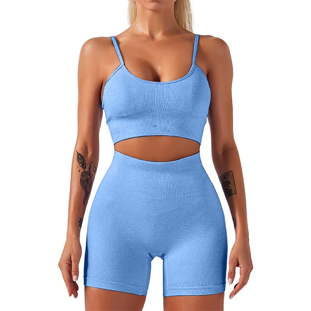 Photo 1 of (SMALL) (BAGGED) HANERDUN Yoga 2 Piece Outfit Workout Gym High Waist Leggings with Sport Bra Set for Women Blue Small