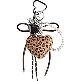 Brown Plush Heart Leopard Keychains with Pearl Braided Rope,cheetah Print Key Chains Women Cute Keychain Accessories Kawaii Plush Bag Charm for Handbags Tote Bags Purse Keychain for Car Keys Backpacks