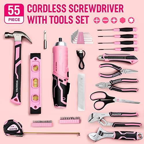 WORKPRO 55-Piece Pink Tools Set, 3.7V Rotatable Cordless Screwdriver and Household Tool Kit, Basic Tool Set with 13\'\' Portable Tool Bag/Storage for Home, Garage, Apartment, Dorm, New House