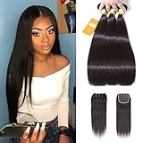 Ossilee Straight Hair Bundles with Closure Brazilian Virgin Hair Three Part Lace Closure with Bundles 8a Straight Hair with Closure (14 16 18+12 Three Part Closure, Natural Color)