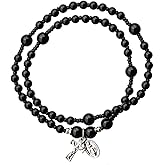Sine Cera Black Onyx Twisting 5 Decade Catholic Rosary Bracelet with Lusterous Pewter Crucifix and Miraculous Medal, Durable Stretch Design, 4mm Smooth Stone Beads